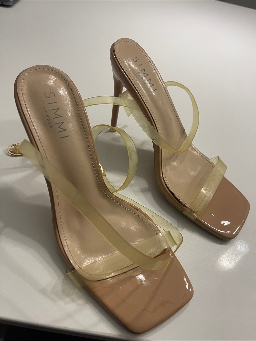 SIMMI London Nude Patent Stiletto Heels with Clear Straps